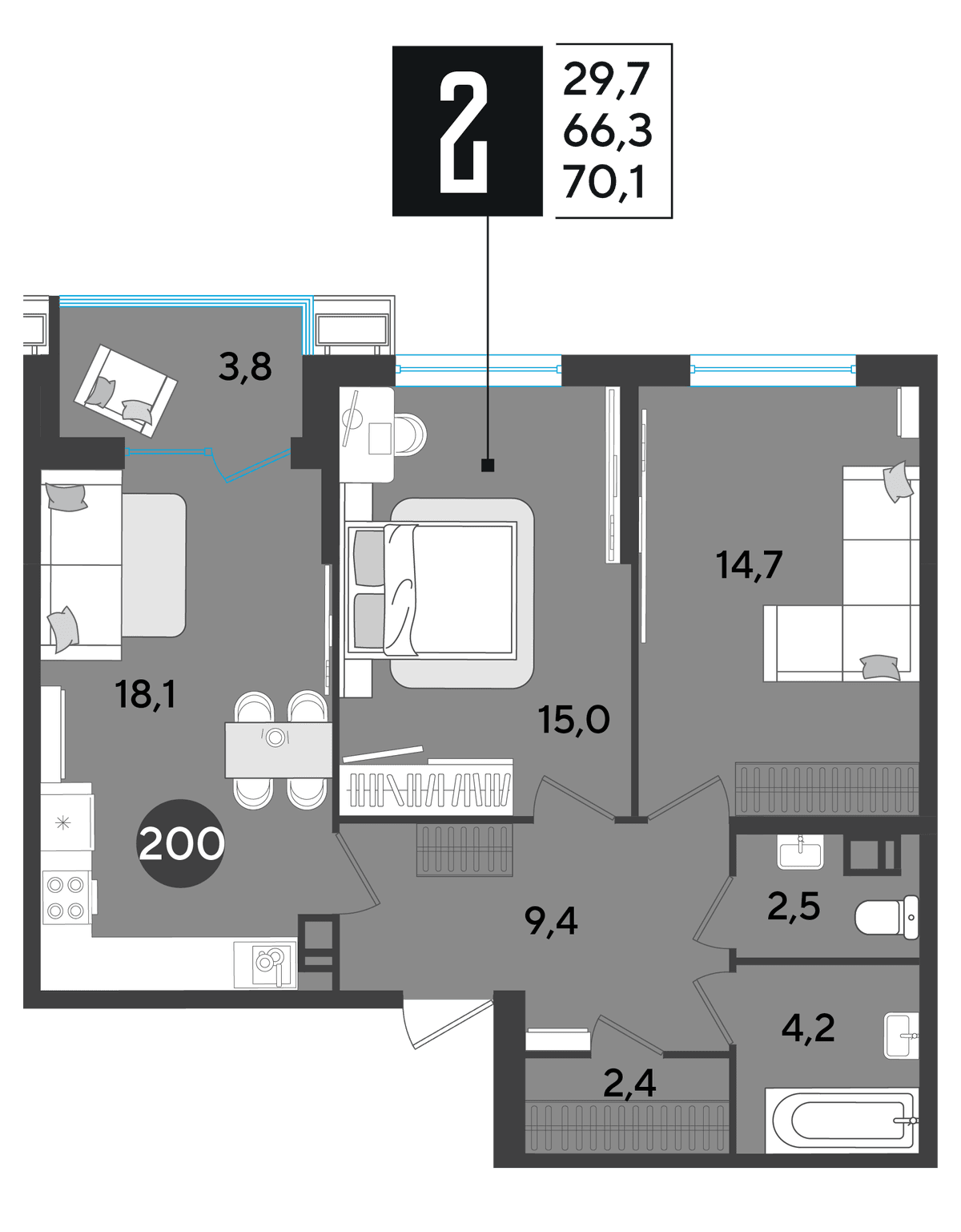 2-к, 70.1 м² · Парк Победы-2