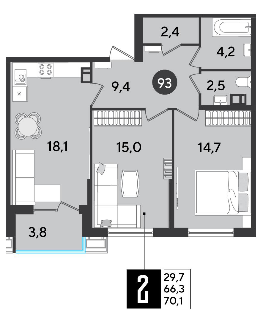 2-к, 70.1 м² · Парк Победы-2