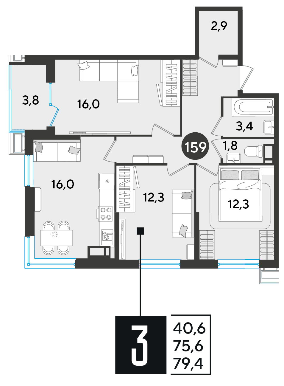 3-к, 79.4 м² · Парк Победы-2