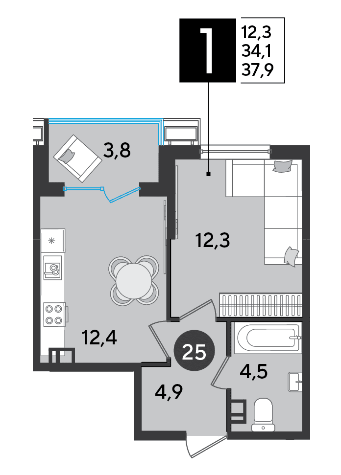 1-к, 37.9 м² · Парк Победы-2