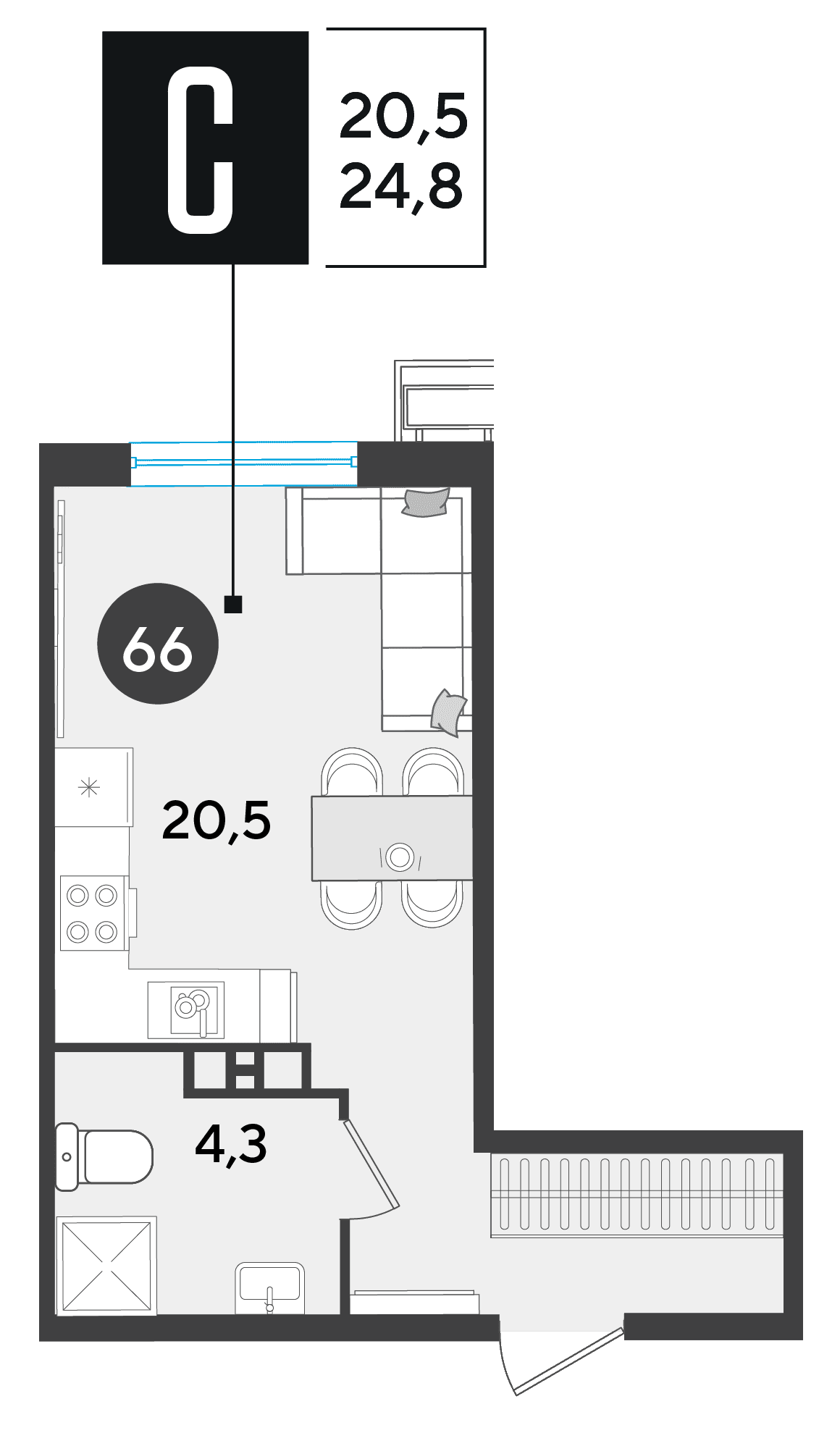 Студия, 24.8 м² · Парк Победы-2