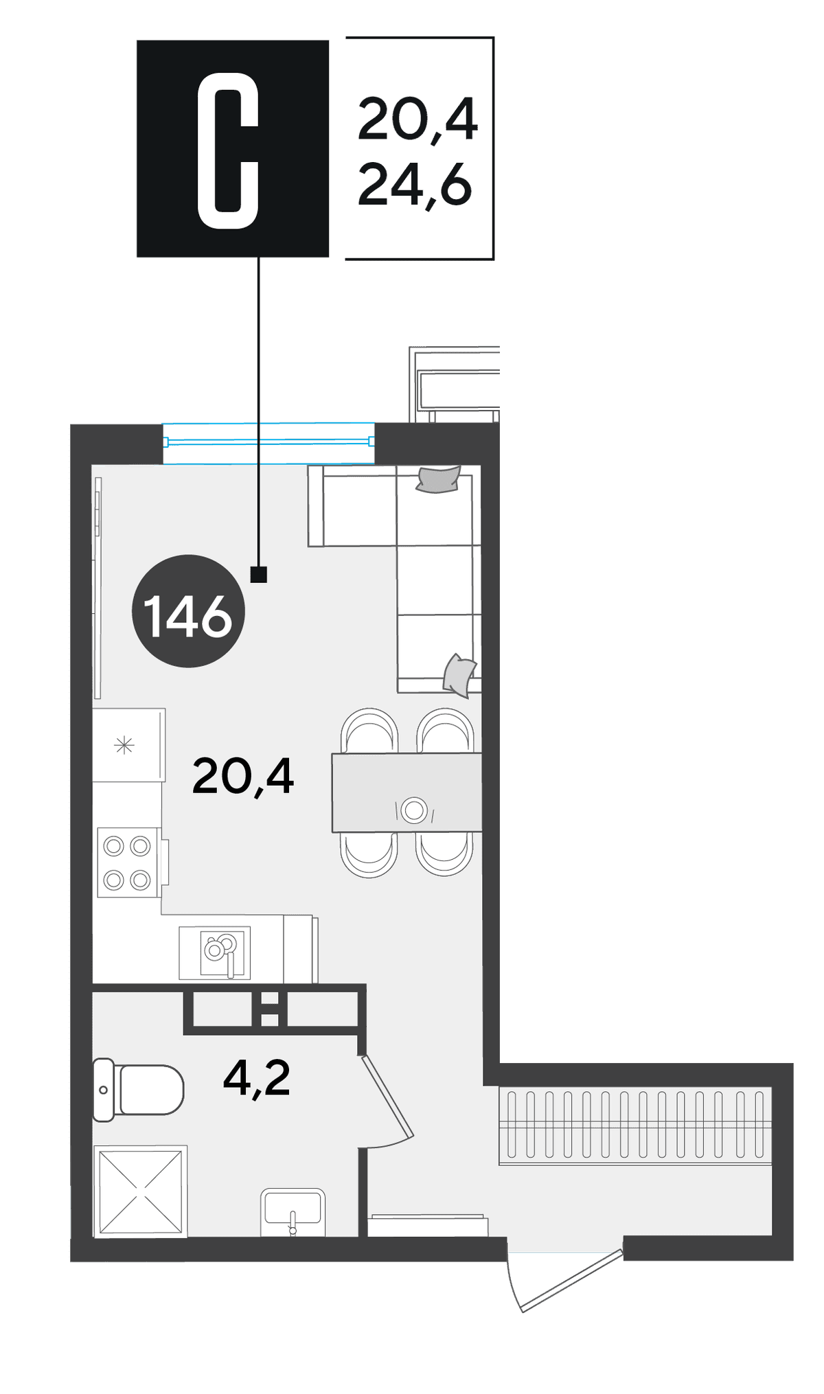 Студия, 24.6 м² · Парк Победы-2