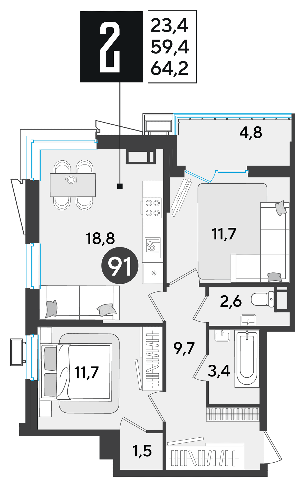 2-к, 63.6 м² · Парк Победы-2