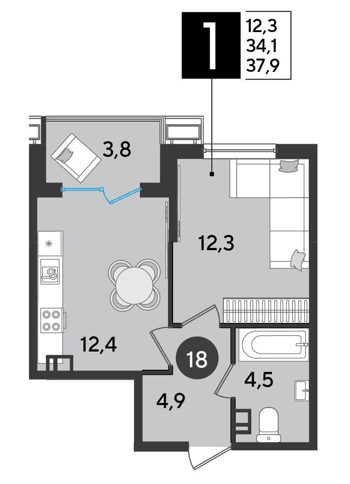 1-к, 37.9 м² · Парк Победы-2