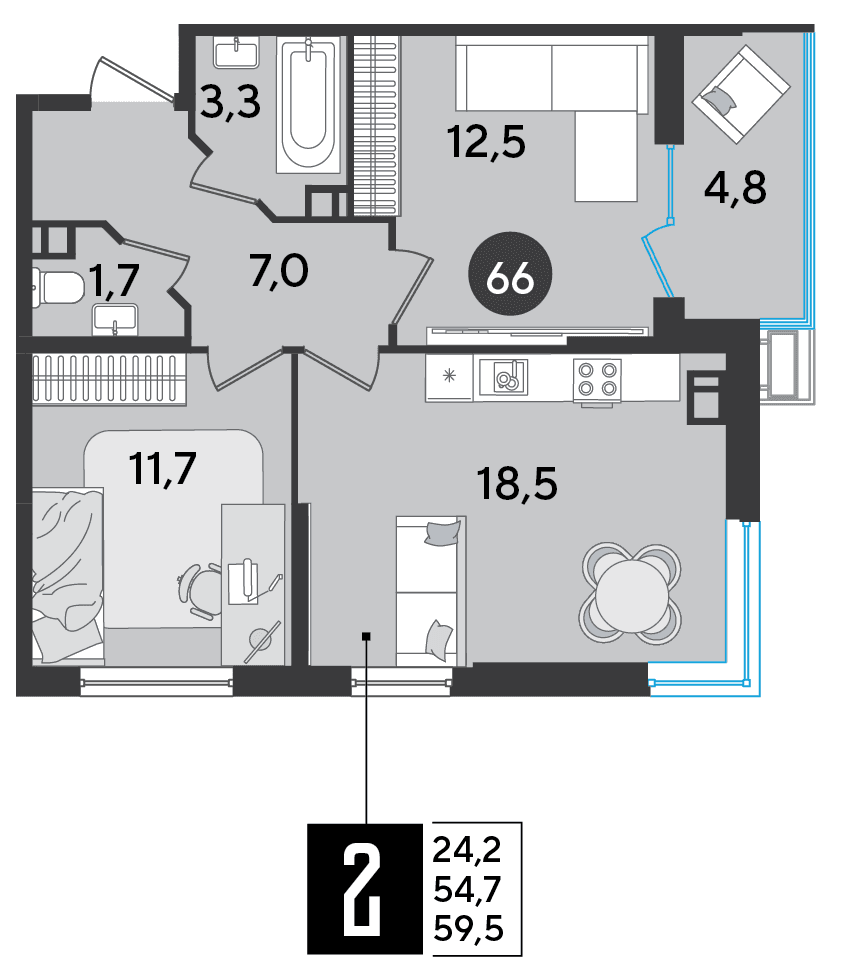2-к, 59.5 м² · Парк Победы-2