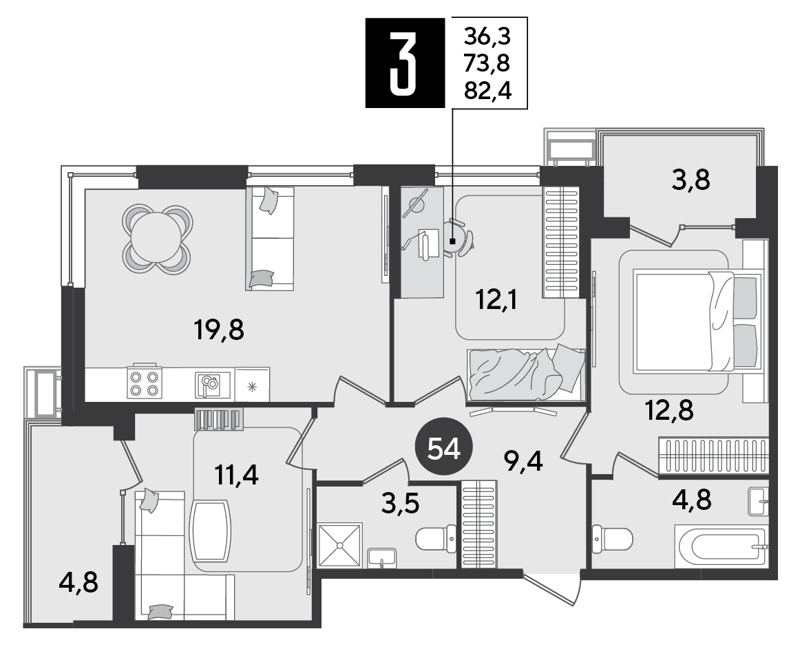 3-к, 82.4 м² · Парк Победы-2