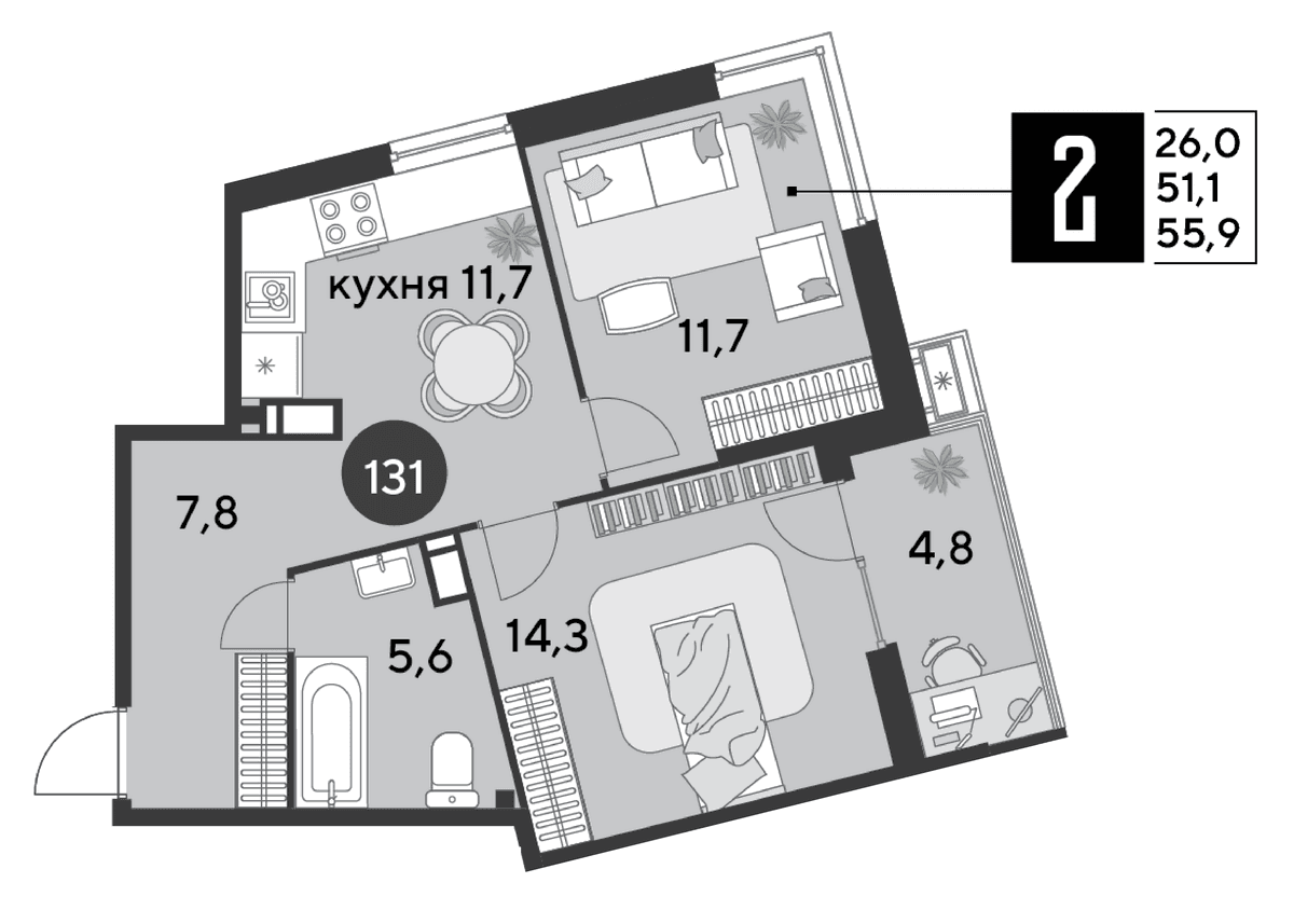 2-к, 55.9 м² · Парк Победы-2