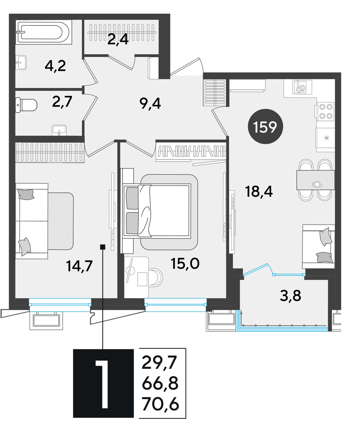 2-к, 70.6 м² · Парк Победы-2