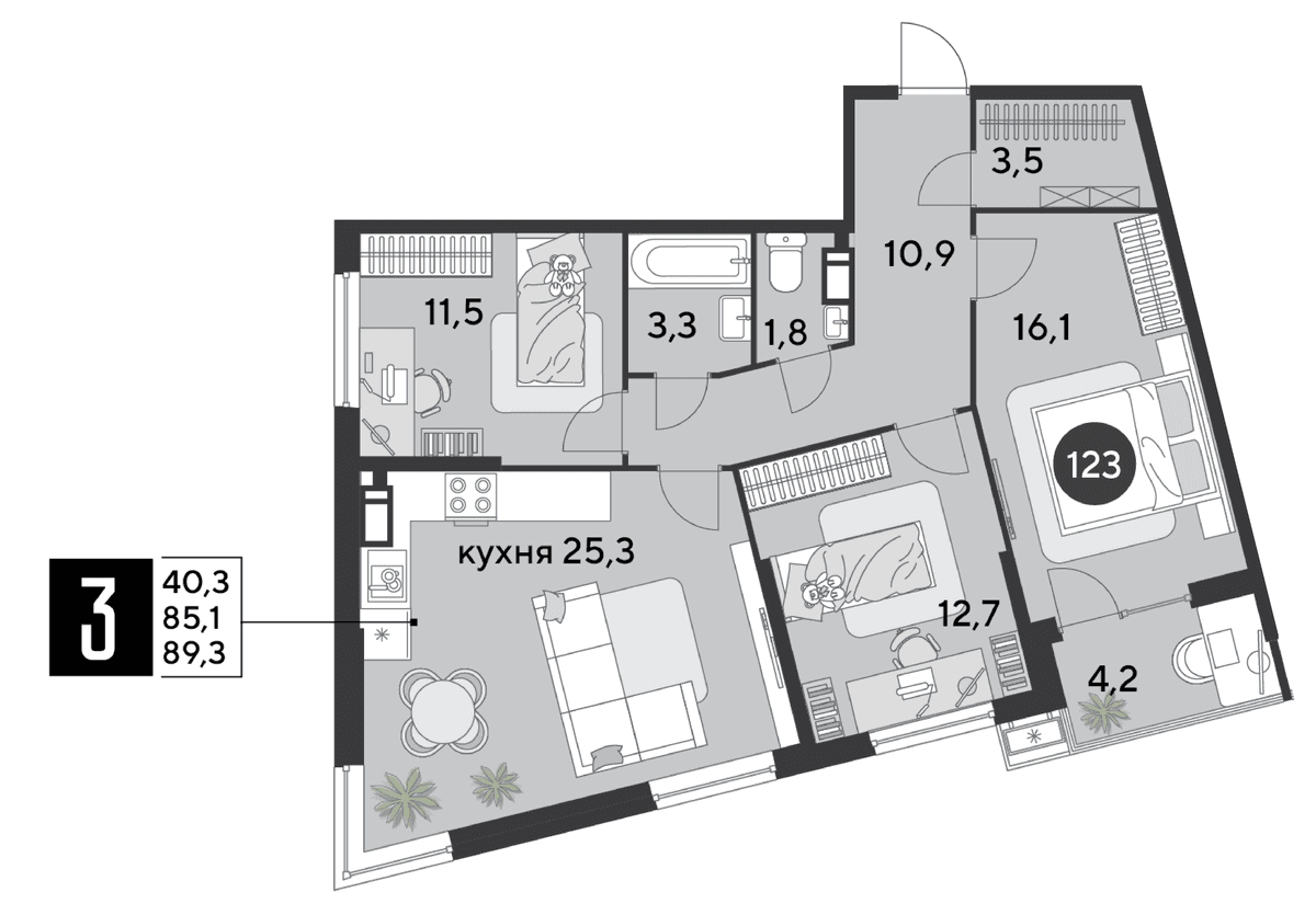 3-к, 89.3 м² · Парк Победы-2