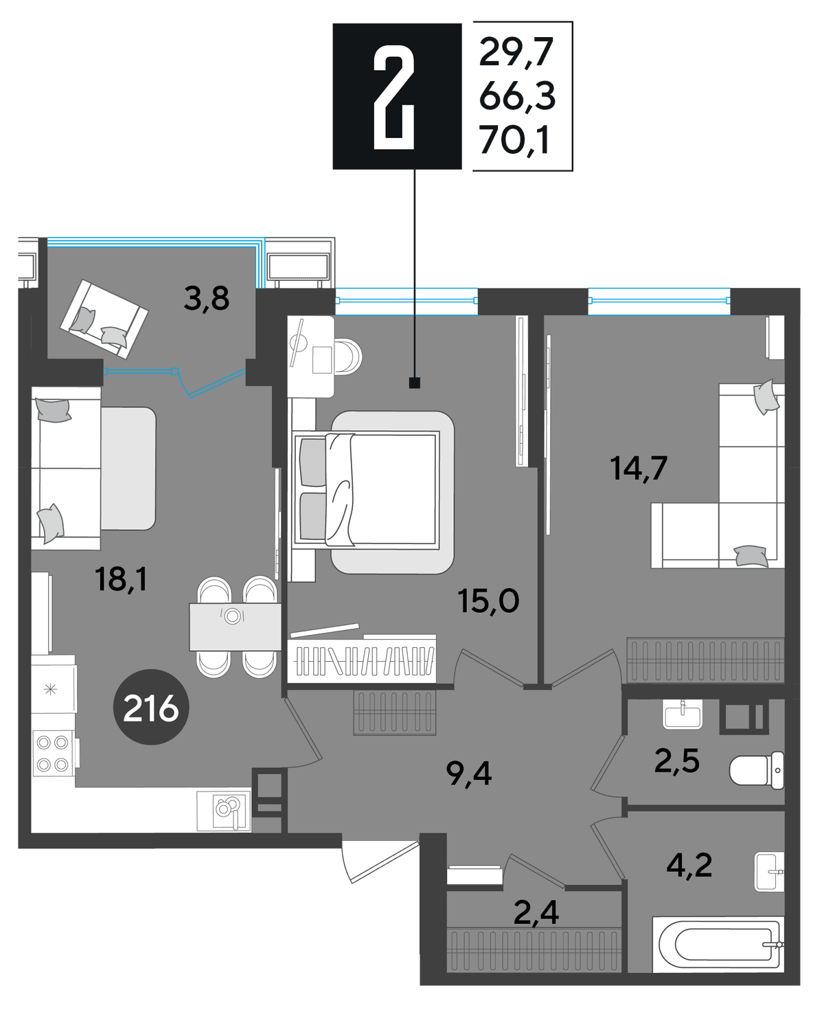 2-к, 70.1 м² · Парк Победы-2