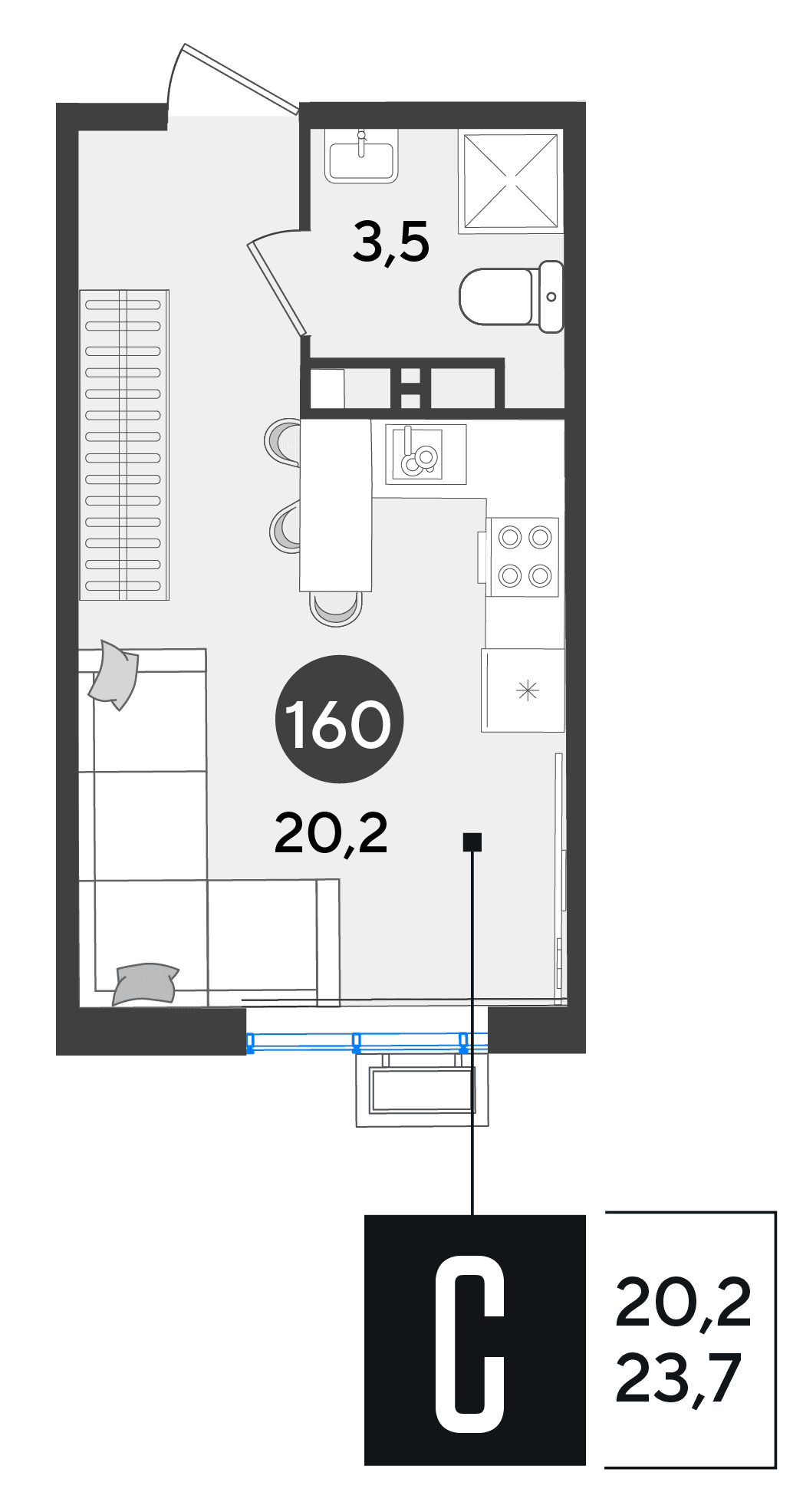 Студия, 23.7 м² · Парк Победы-2