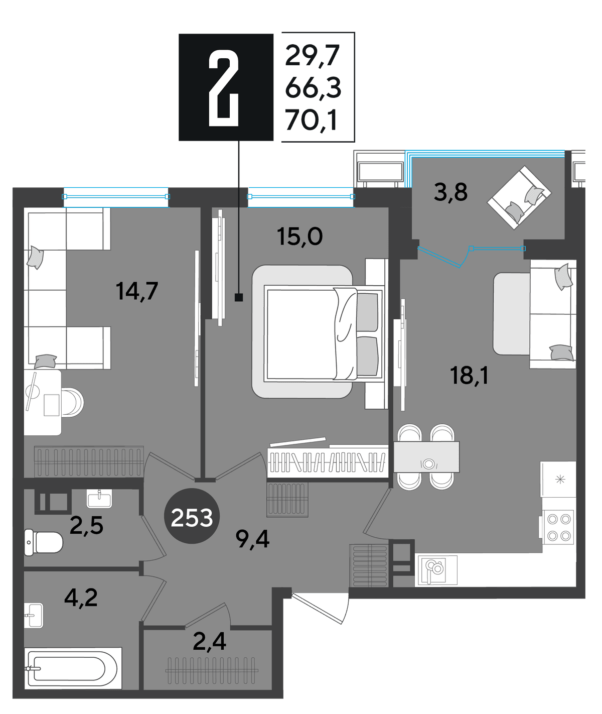 2-к, 70.1 м² · Парк Победы-2