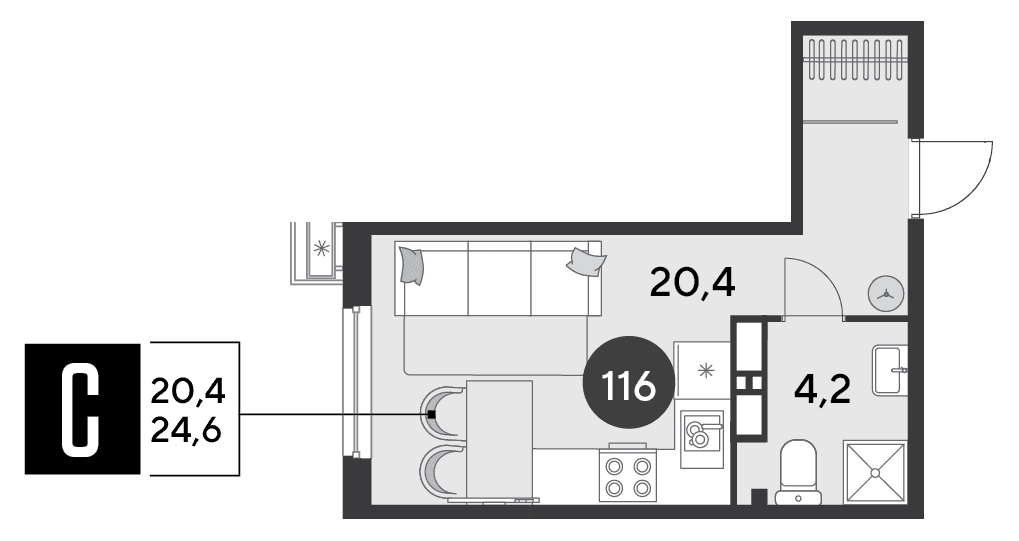 Студия, 24.6 м² · Парк Победы-2