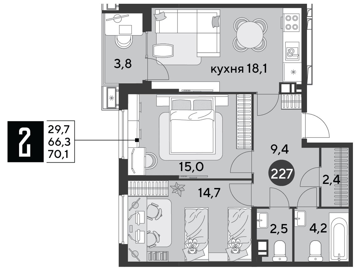 2-к, 70.1 м² · Парк Победы-2