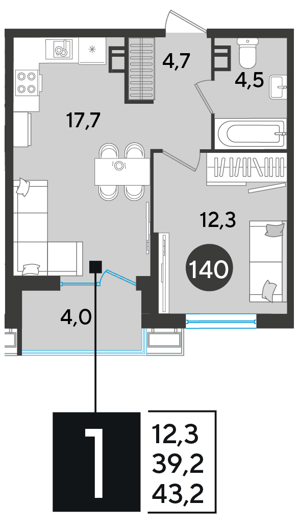 1-к, 43.2 м² · Парк Победы-2