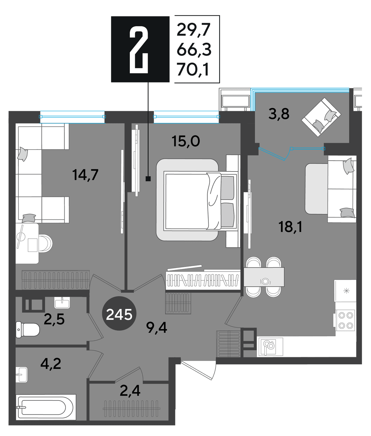 2-к, 70.1 м² · Парк Победы-2