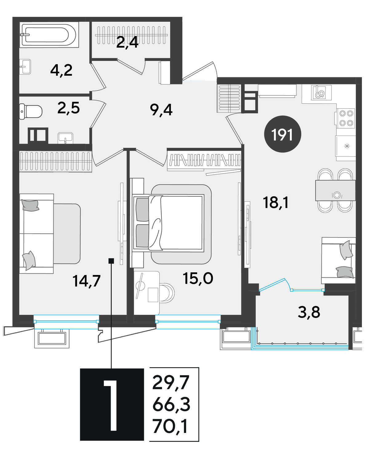 2-к, 70.1 м² · Парк Победы-2