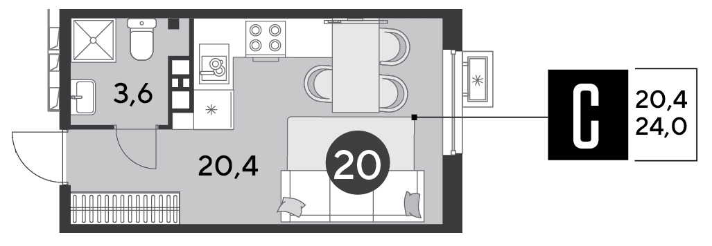 Студия, 24 м² · Парк Победы-2