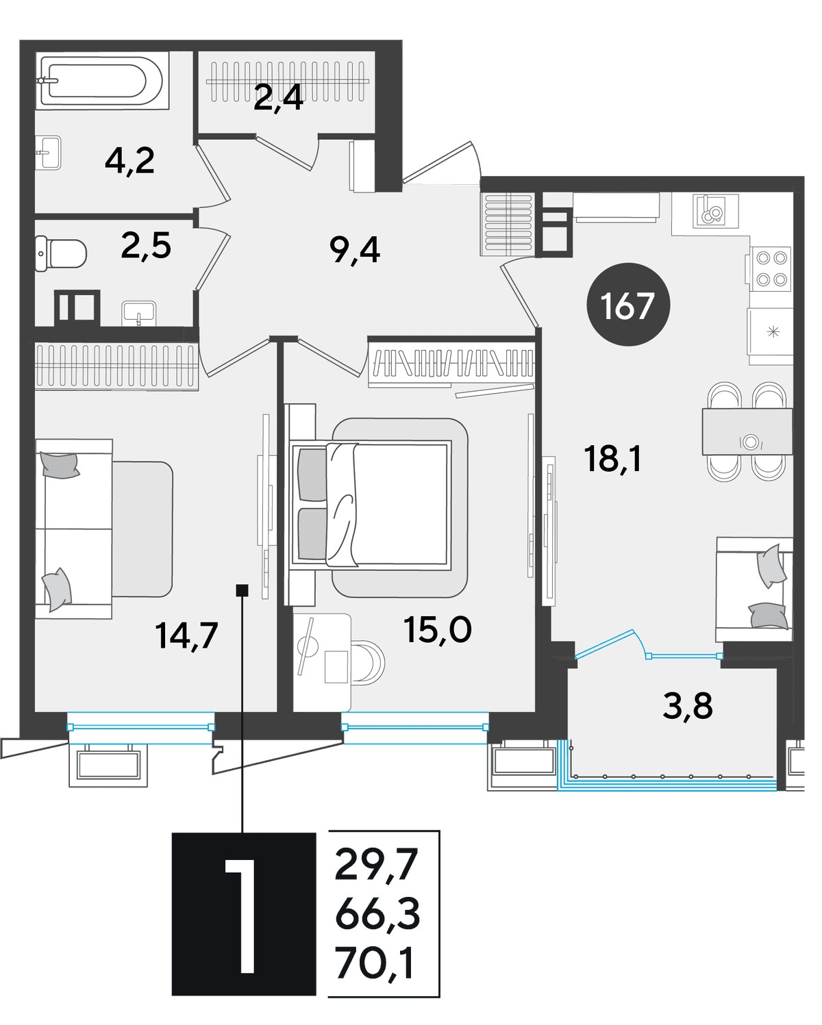 2-к, 70.3 м² · Парк Победы-2