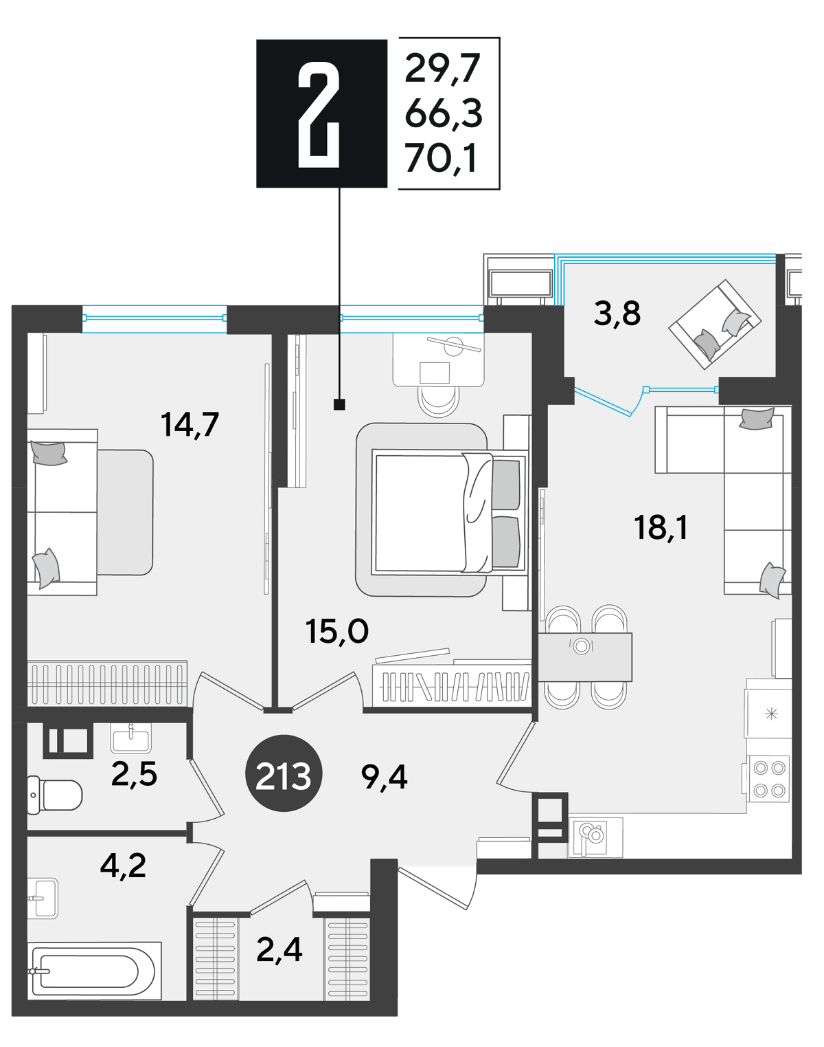 2-к, 70.1 м² · Парк Победы-2