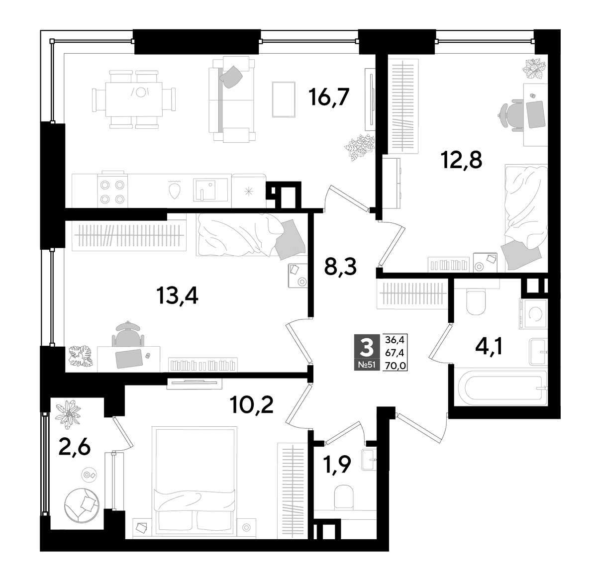 3-к, 70 м² · DОГМА ПАРК