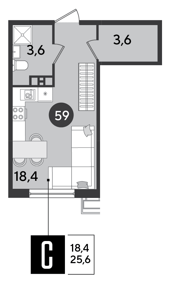 Студия, 25.6 м² · Парк Победы-2