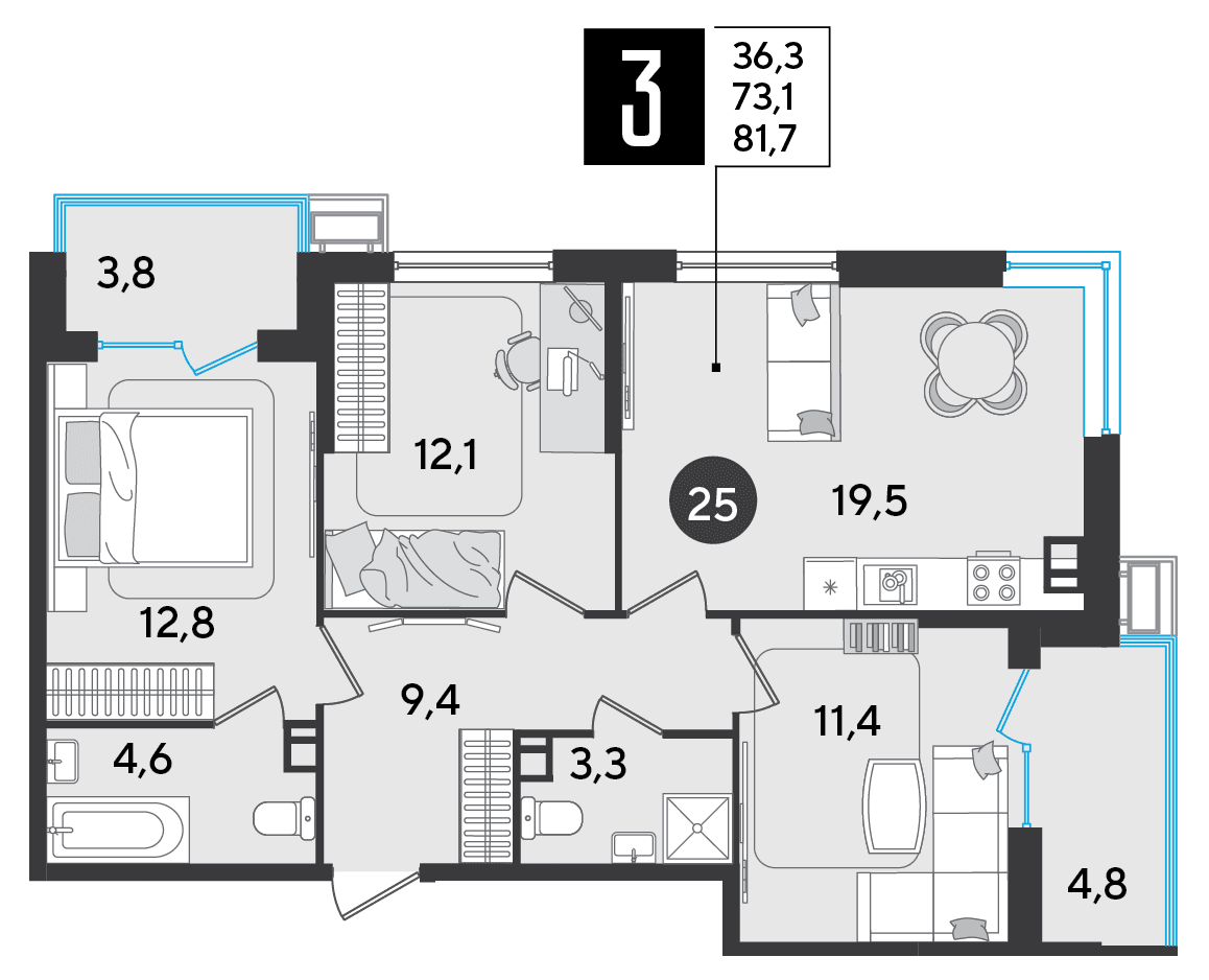3-к, 81.7 м² · Парк Победы-2