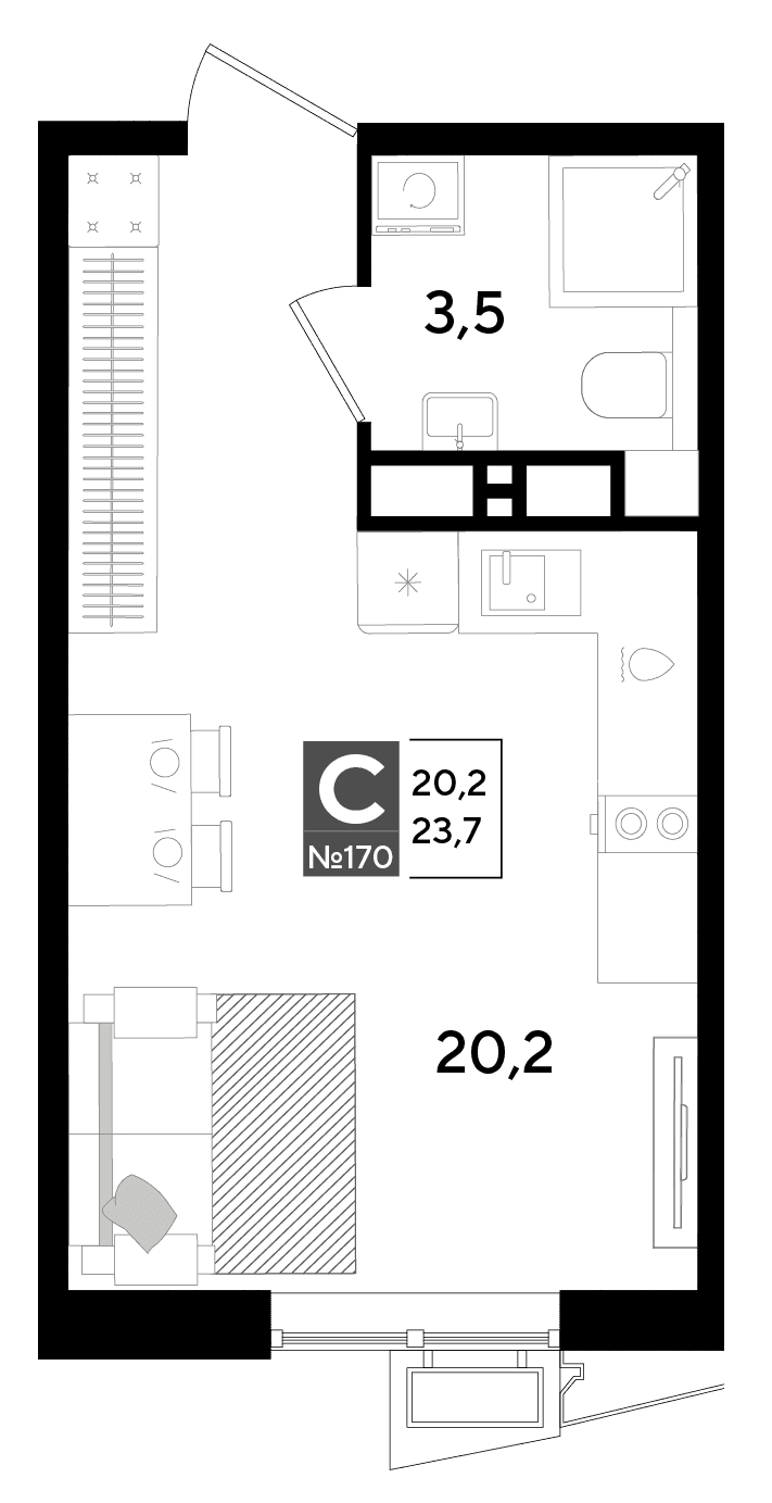 Студия, 23.7 м² · Парк Победы-2
