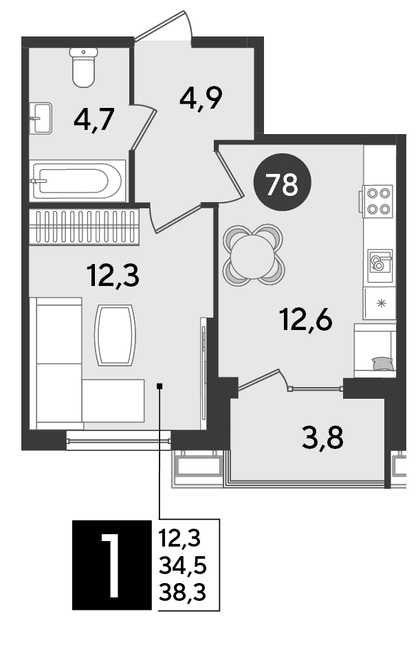1-к, 38.3 м² · Парк Победы-2