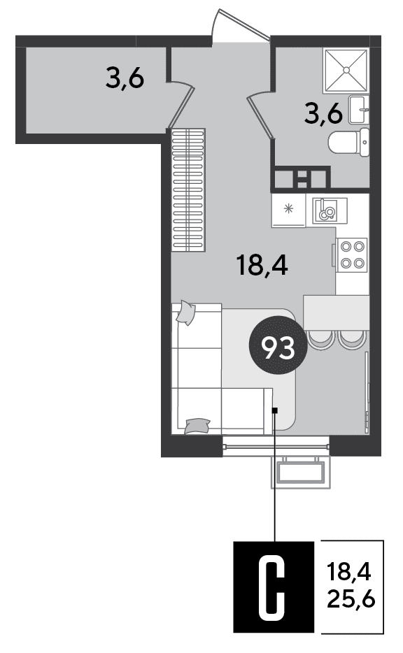 Студия, 25.6 м² · Парк Победы-2