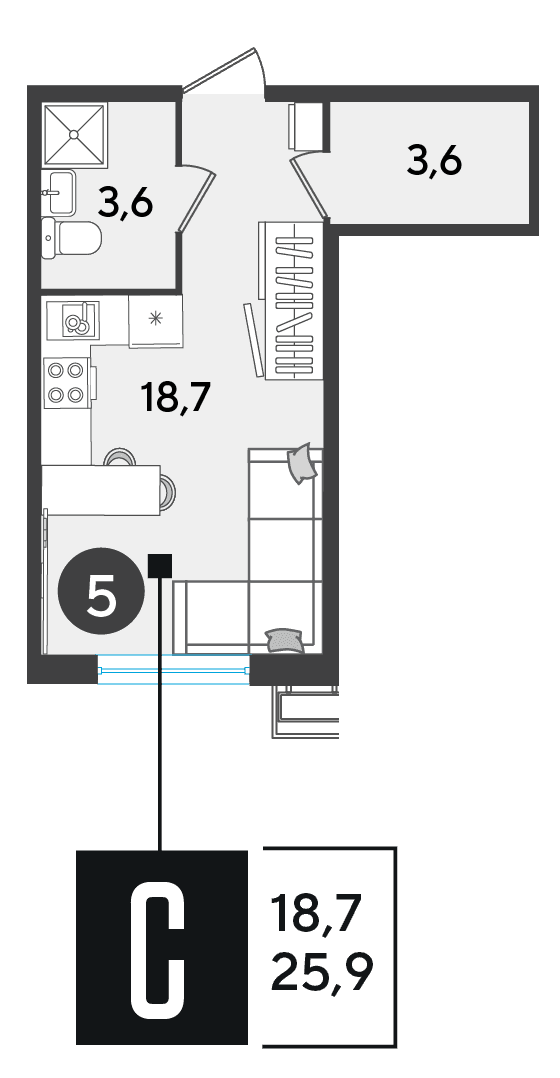 Студия, 25.9 м² · Парк Победы-2