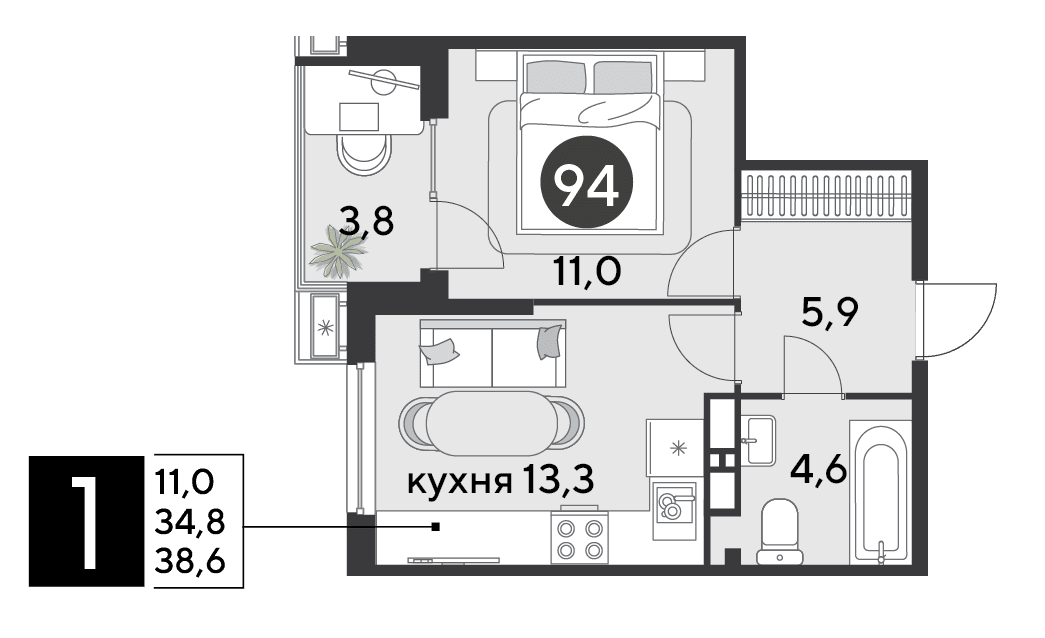 1-к, 38.6 м² · Парк Победы-2