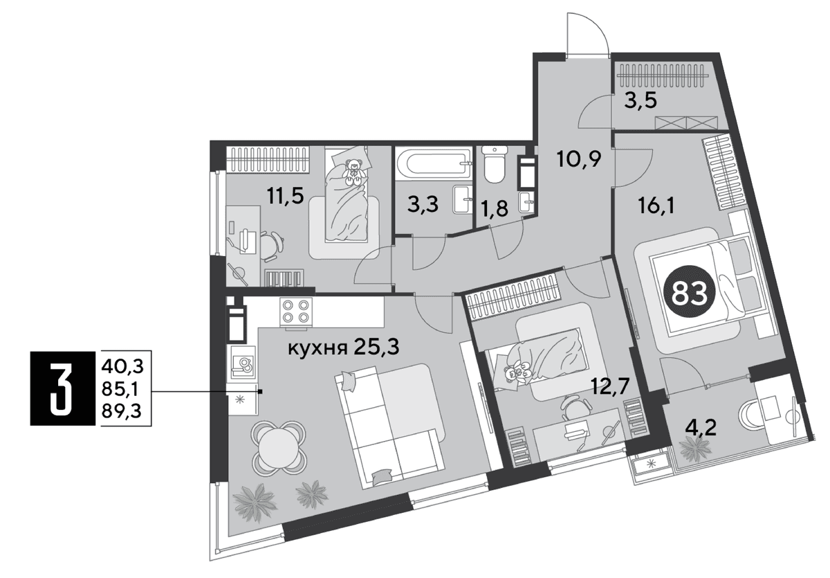 3-к, 89.3 м² · Парк Победы-2