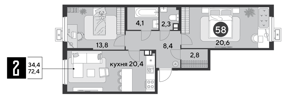 2-к, 72.4 м² · Парк Победы-2