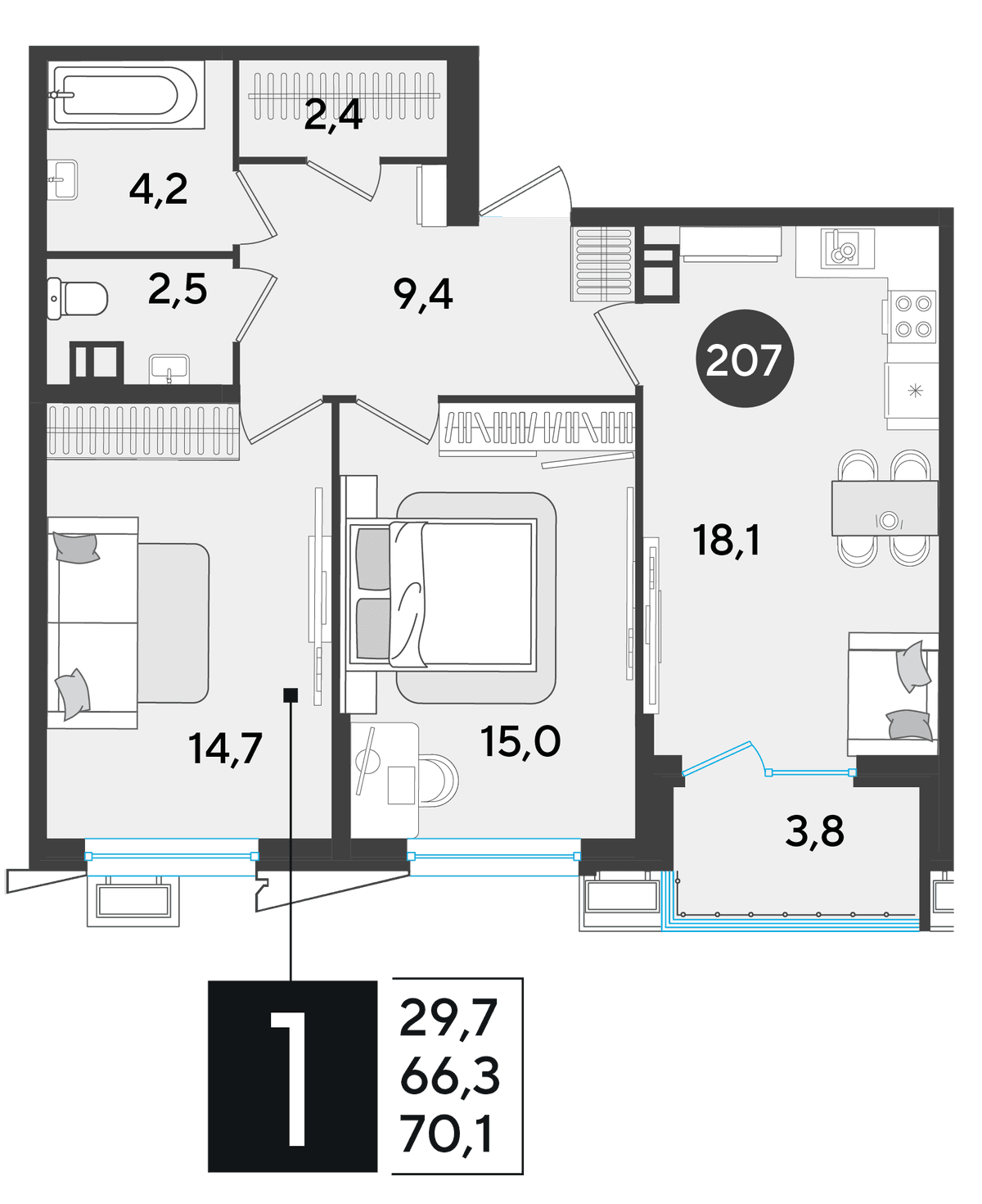 2-к, 70.1 м² · Парк Победы-2