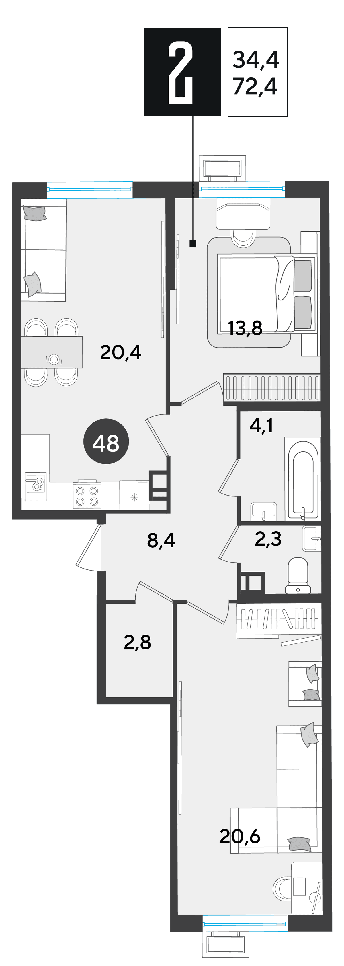 2-к, 72.4 м² · Парк Победы-2