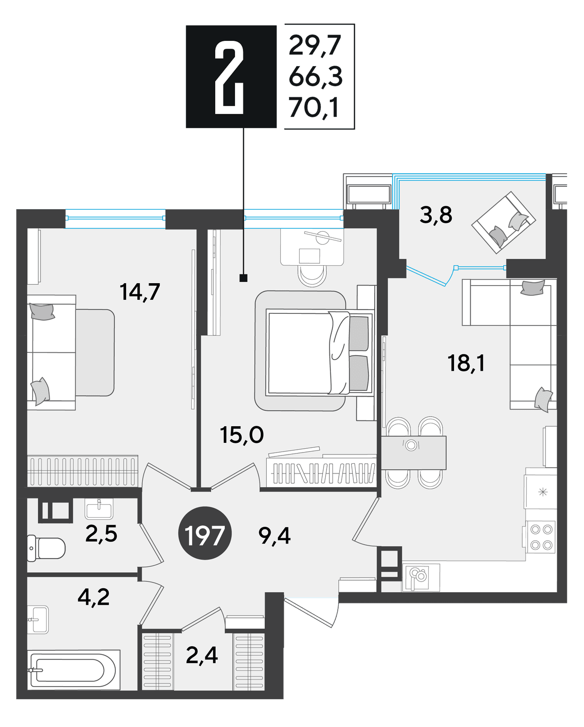 2-к, 70.1 м² · Парк Победы-2