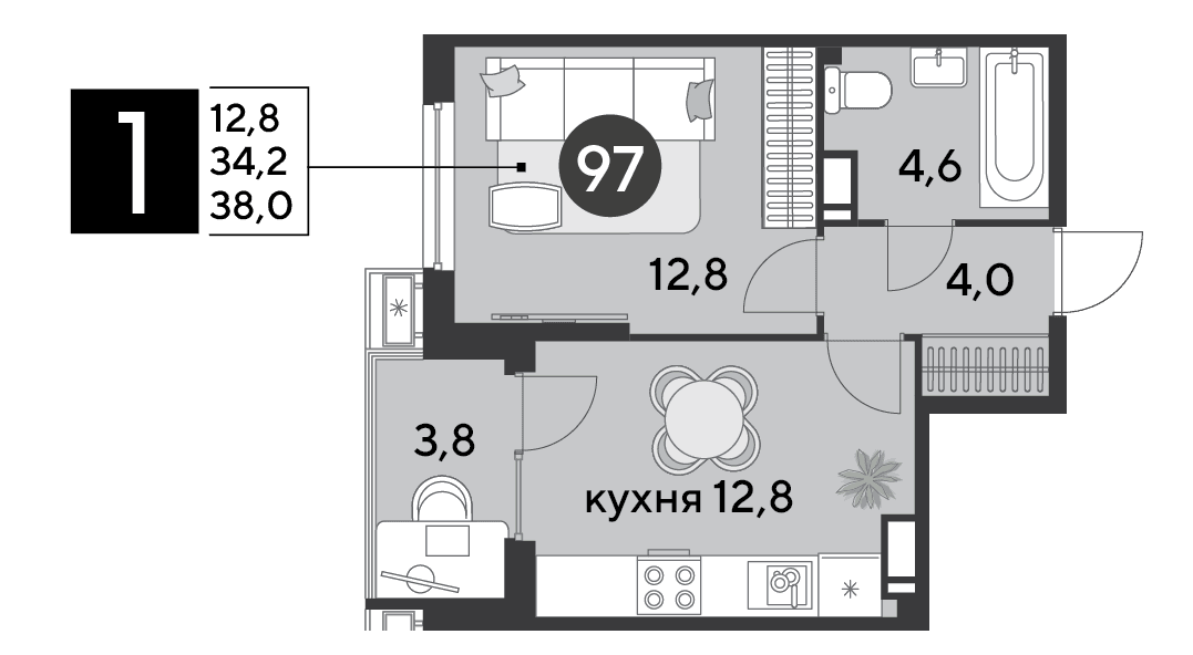 1-к, 38 м² · Парк Победы-2