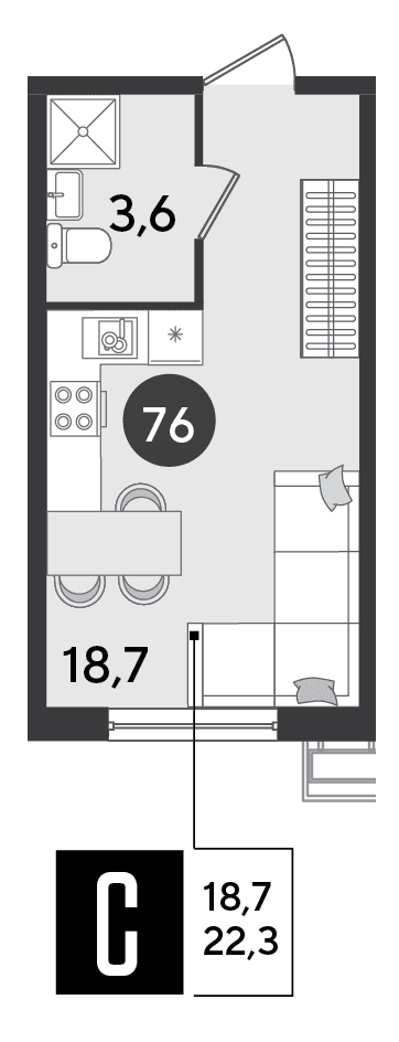 Студия, 22.3 м² · Парк Победы-2