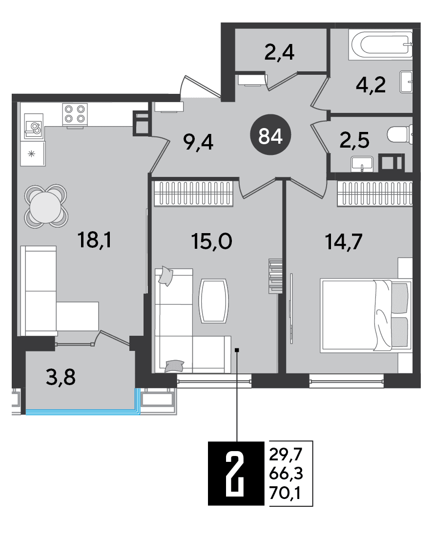 2-к, 70.1 м² · Парк Победы-2