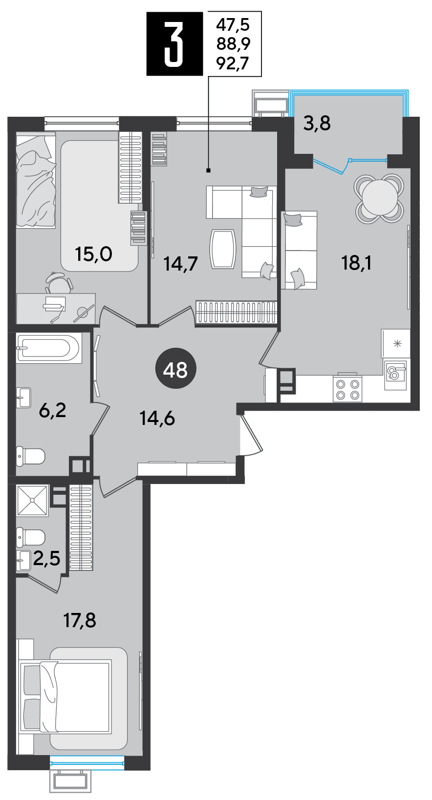3-к, 92.7 м² · Парк Победы-2