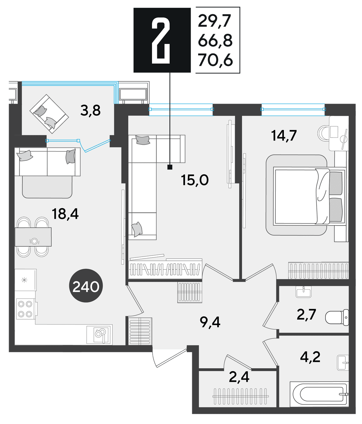 2-к, 70.6 м² · Парк Победы-2