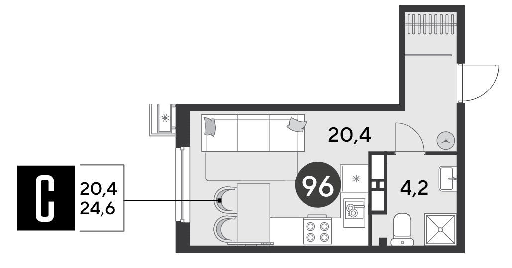 Студия, 24.6 м² · Парк Победы-2