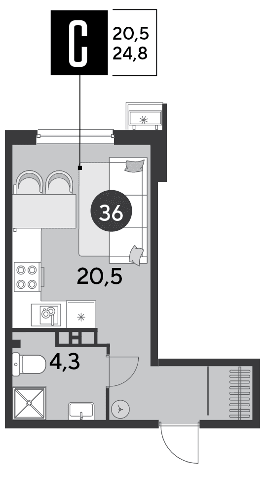 Студия, 24.8 м² · Парк Победы-2