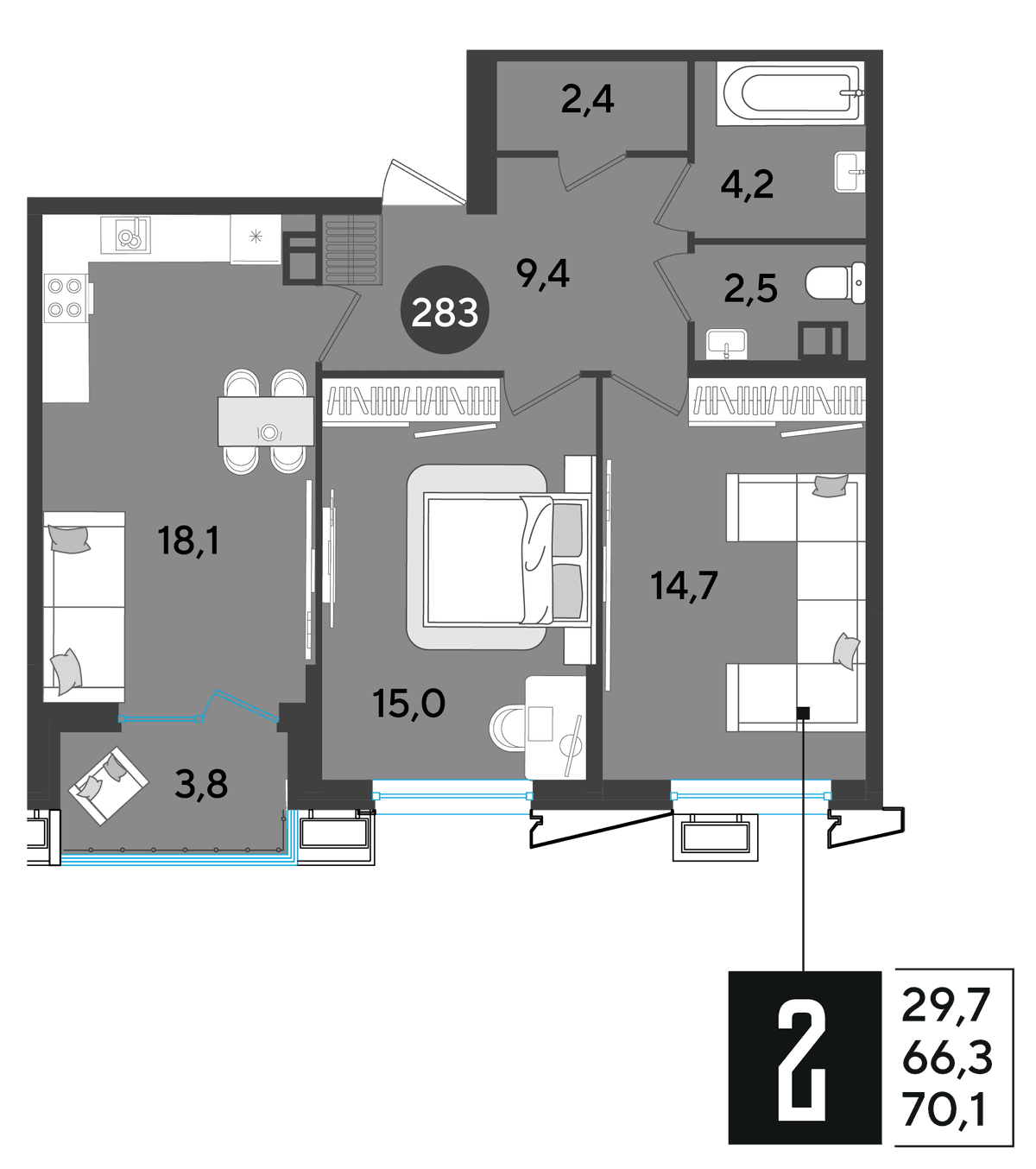 2-к, 70.1 м² · Парк Победы-2