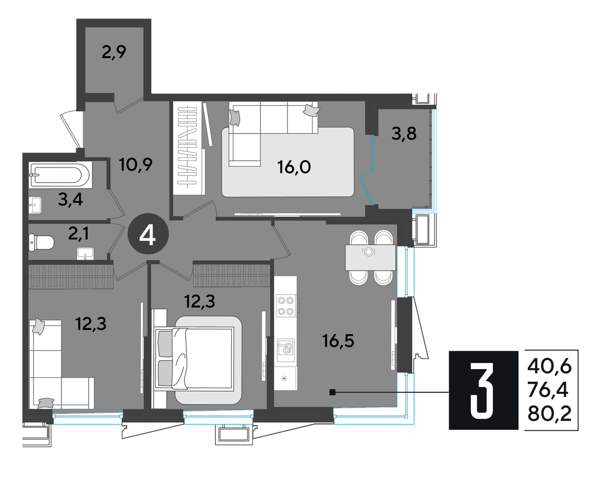 3-к, 79.4 м² · Парк Победы-2