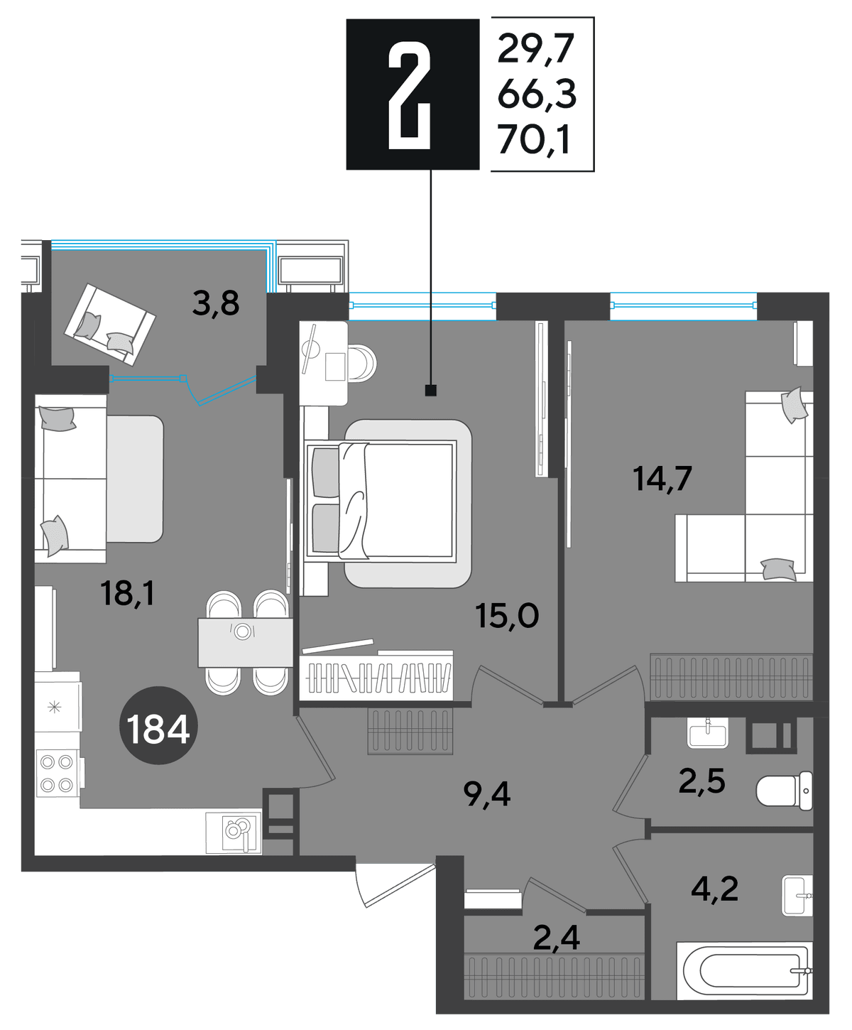 2-к, 70.1 м² · Парк Победы-2