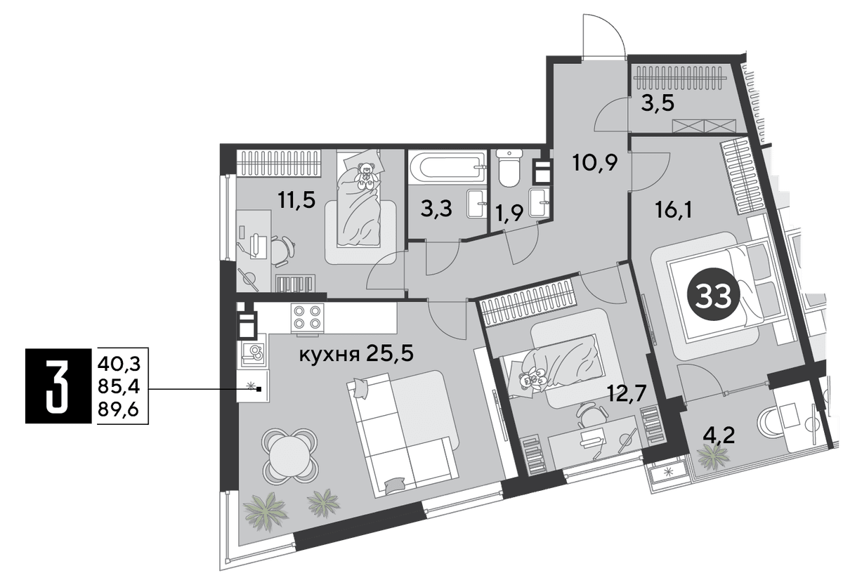 3-к, 89.6 м² · Парк Победы-2
