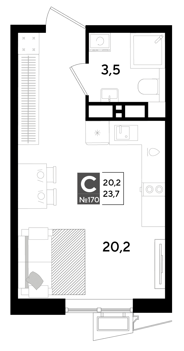 Студия, 23.7 м² · Парк Победы-2