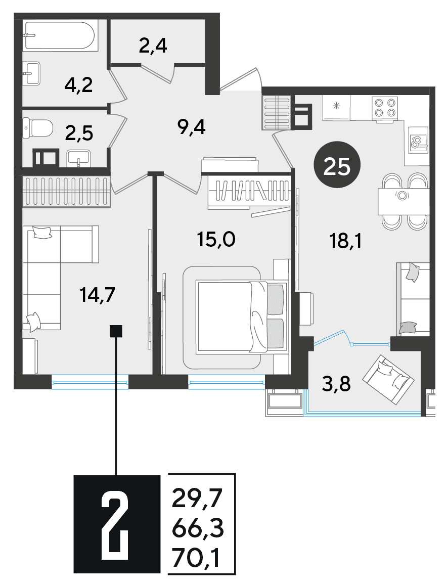 2-к, 70.1 м² · Парк Победы-2
